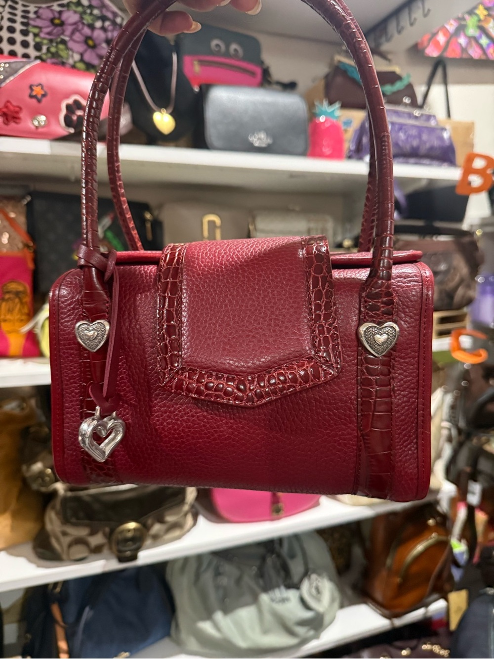 Brighton vintage Rare Red Leather Top-Handle Women's Bag with Heart Charms